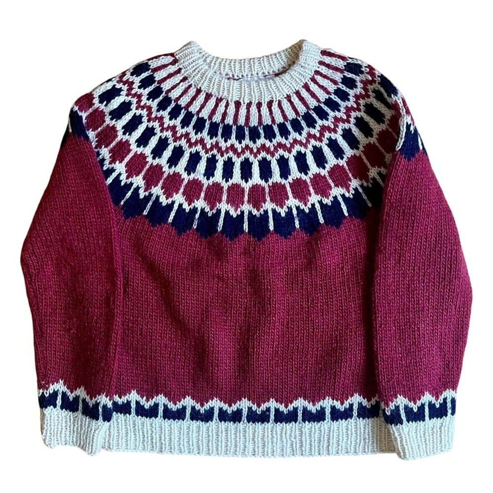 Vintage Thistle Woollens Fair Isle Sweater Unisex Red Wool UK Made Nordic Yoke